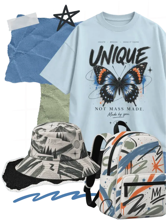 A custom-printed tee, bucket hat and backpack, each one designed by the person who owns it.